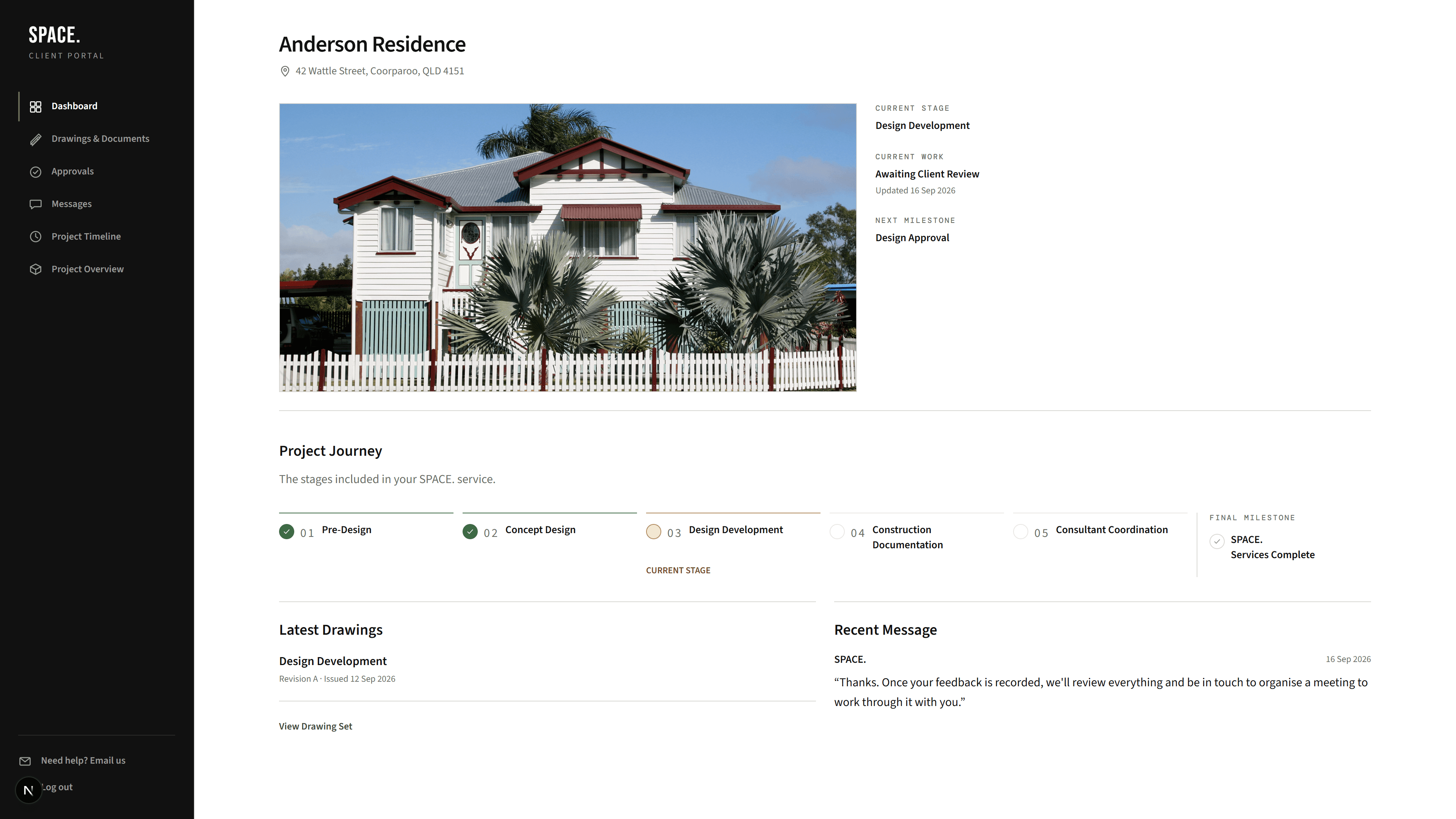 SPACE. Client Portal dashboard for Anderson Residence