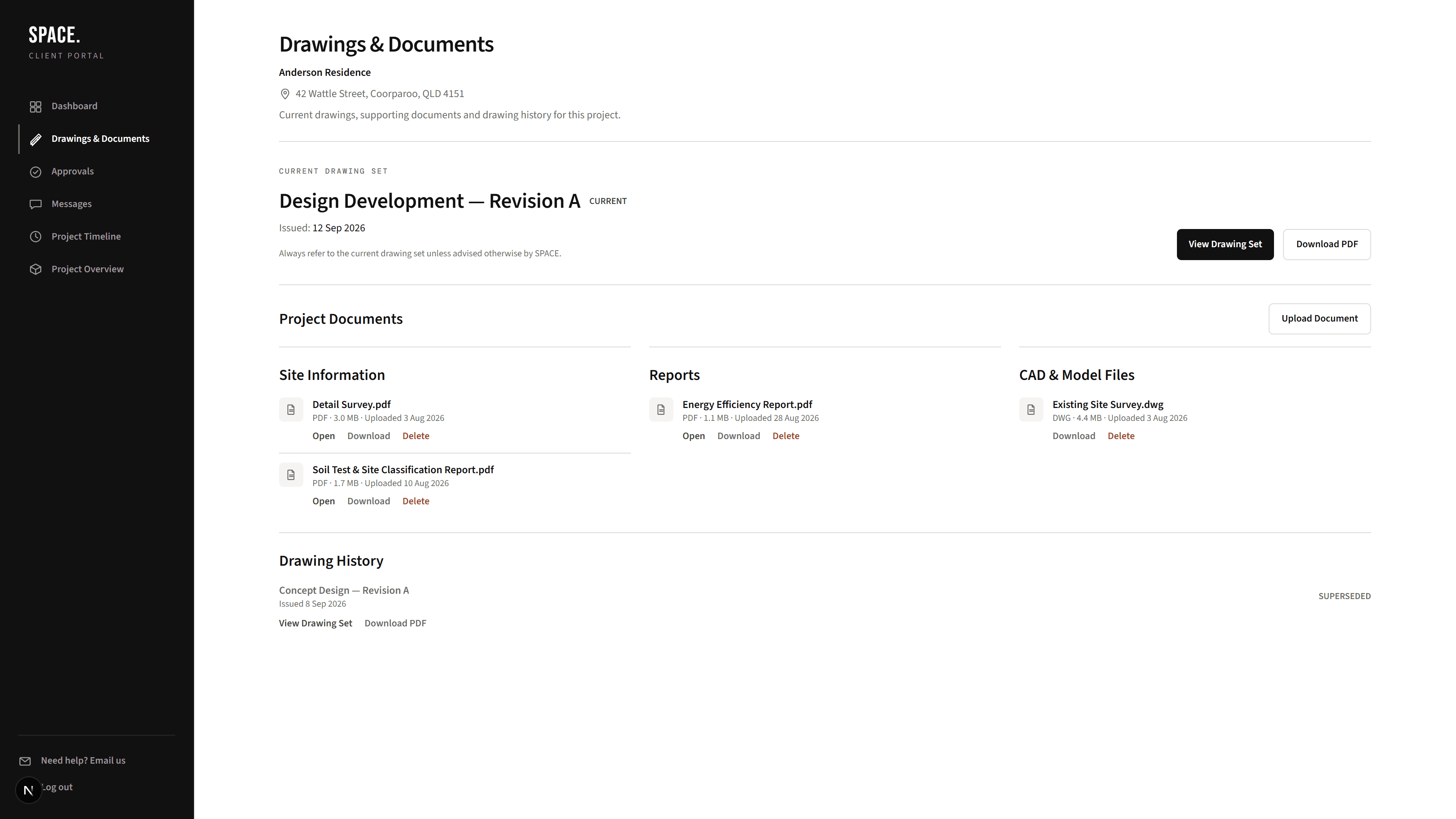 SPACE. Client Portal drawings and documents for Anderson Residence