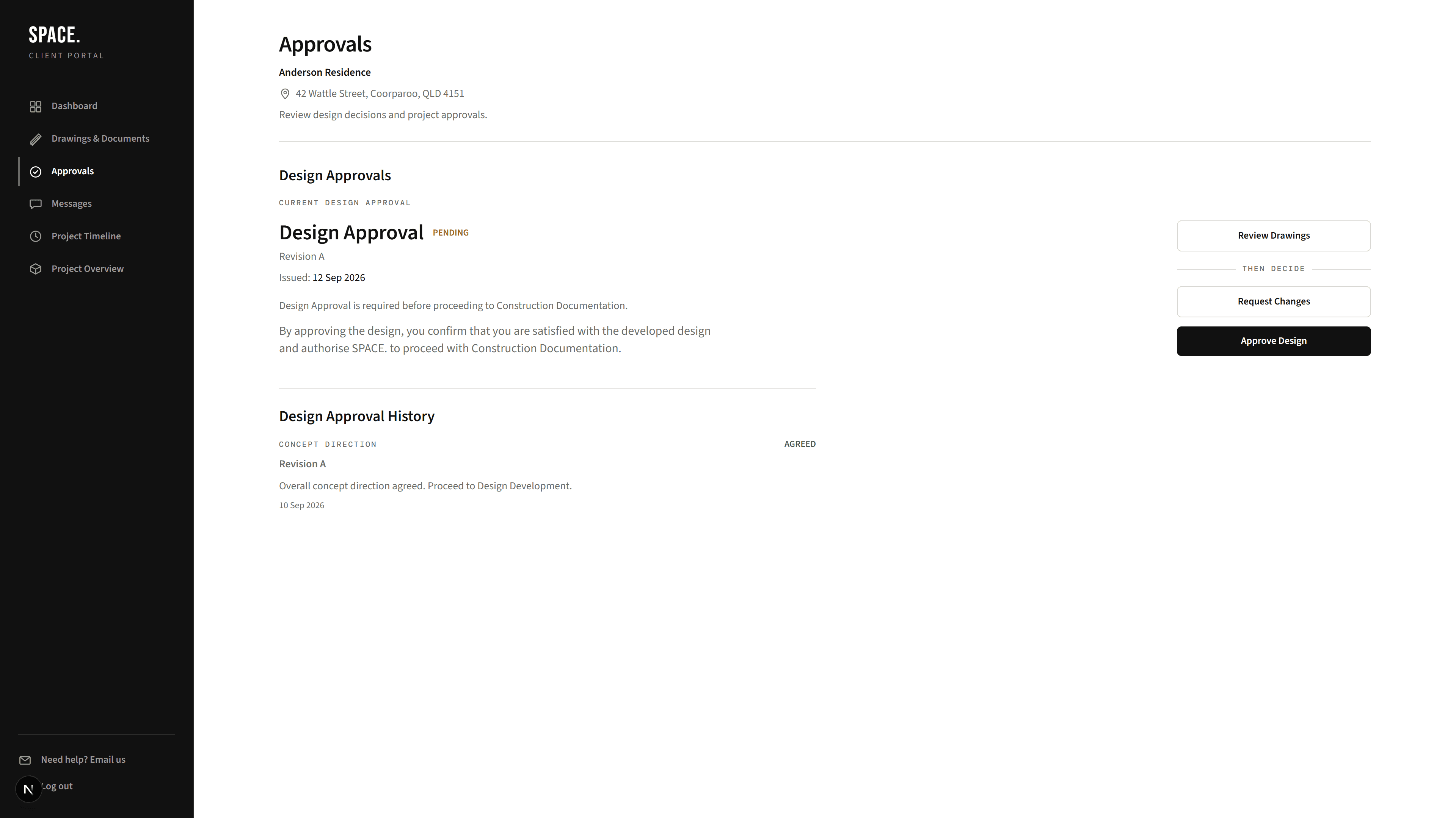 SPACE. Client Portal approvals for Anderson Residence