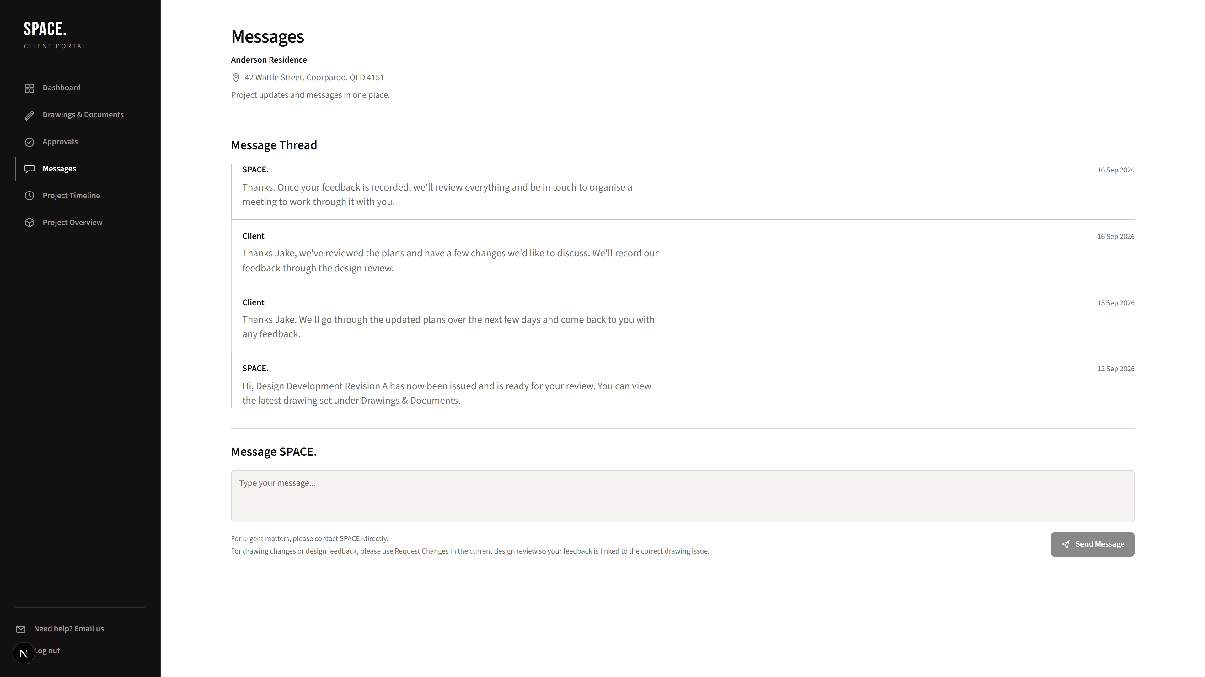 SPACE. Client Portal messages for Anderson Residence