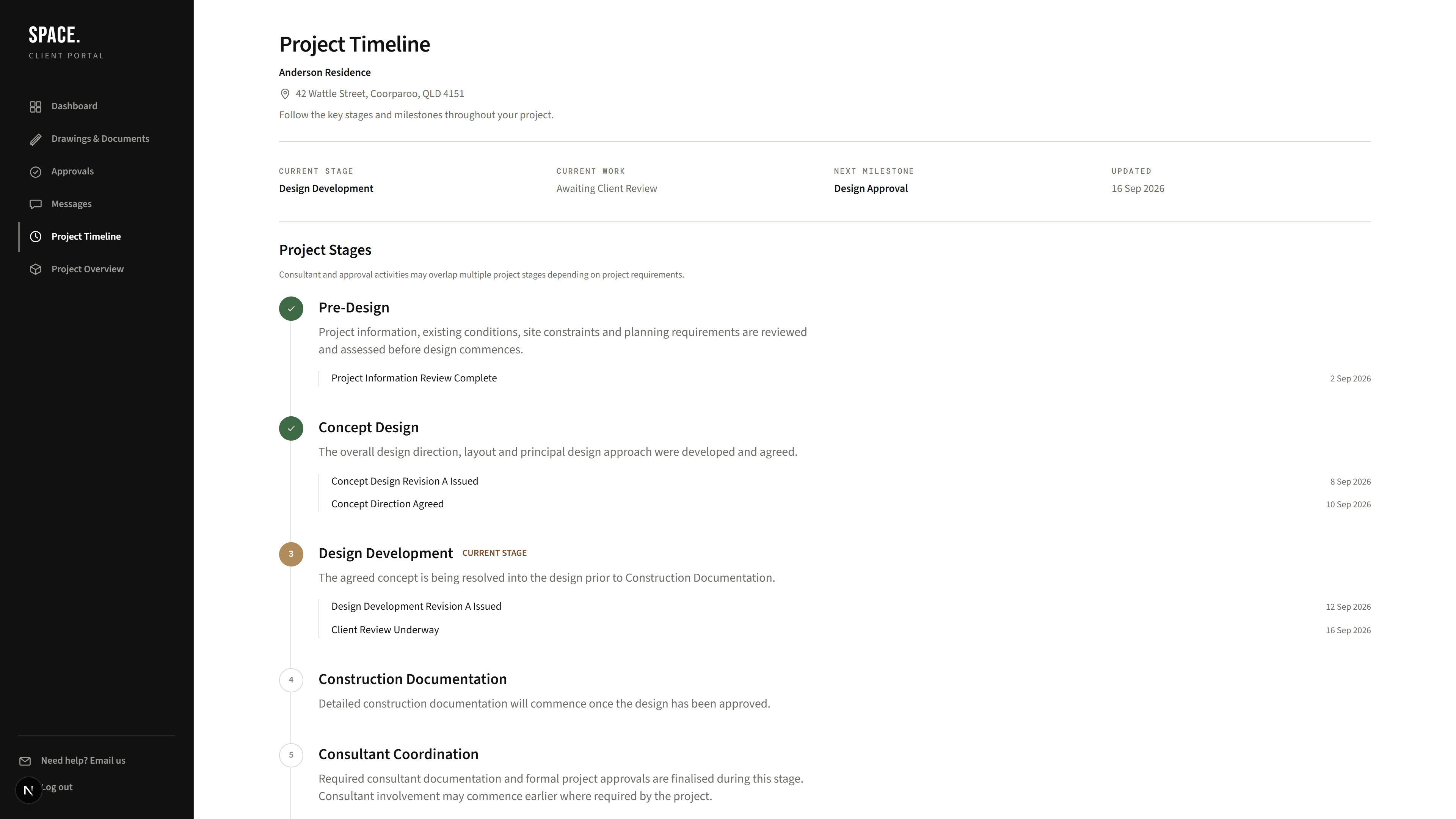 SPACE. Client Portal project timeline for Anderson Residence