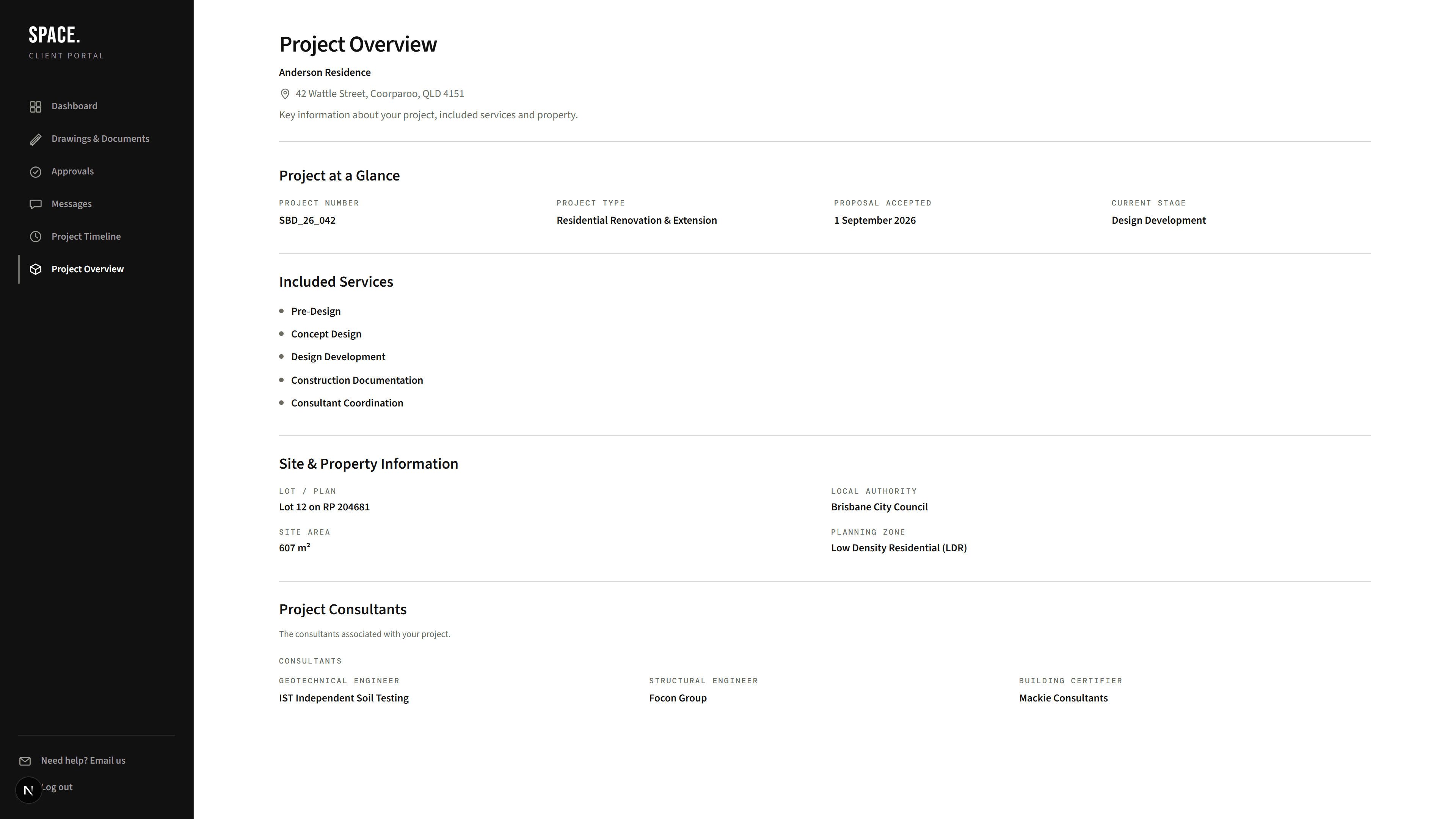 SPACE. Client Portal project overview for Anderson Residence
