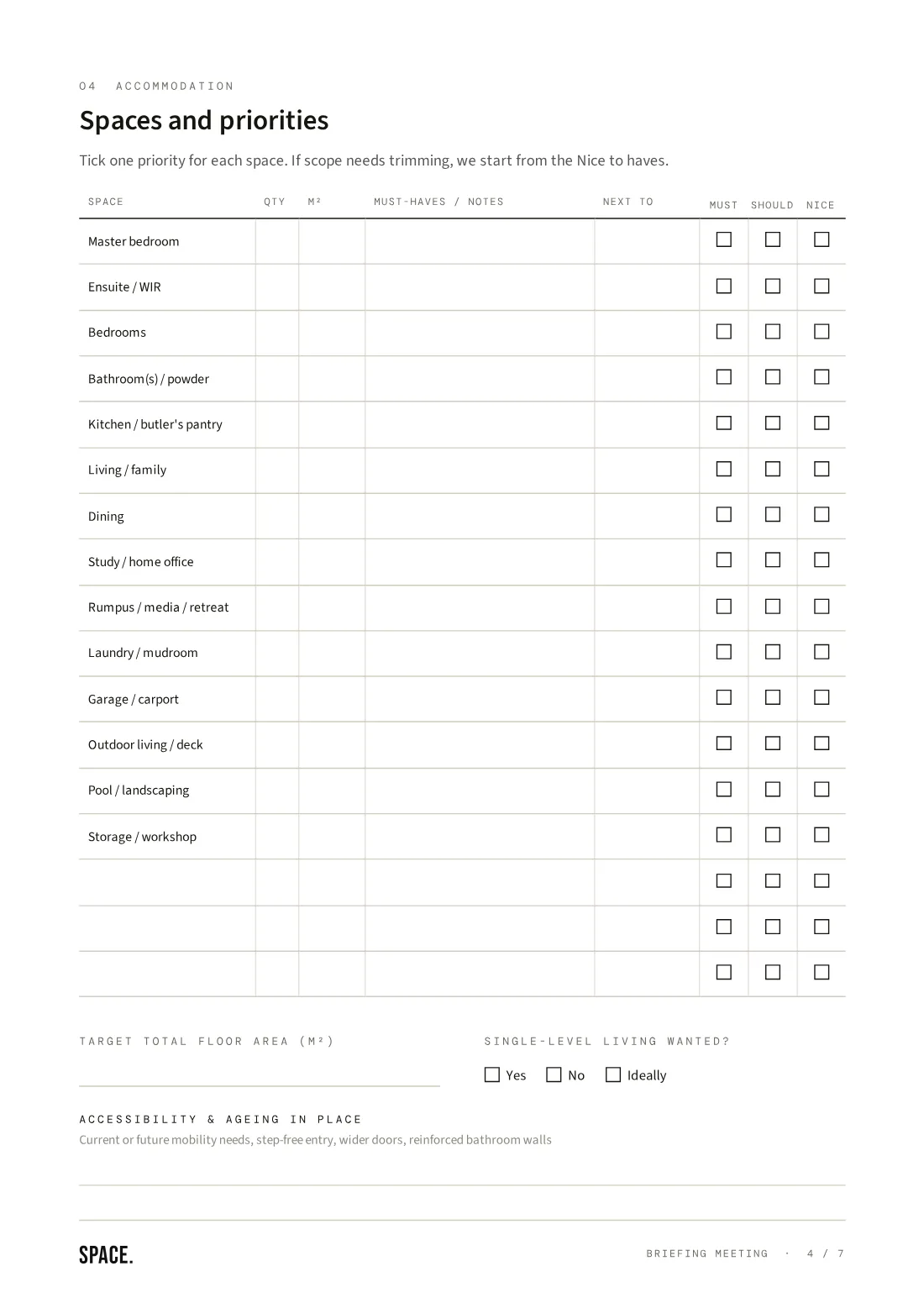 A blank page of the SPACE. briefing meeting worksheet — Spaces and priorities, a table of rooms with quantity, area and notes, each marked must, should or nice to have