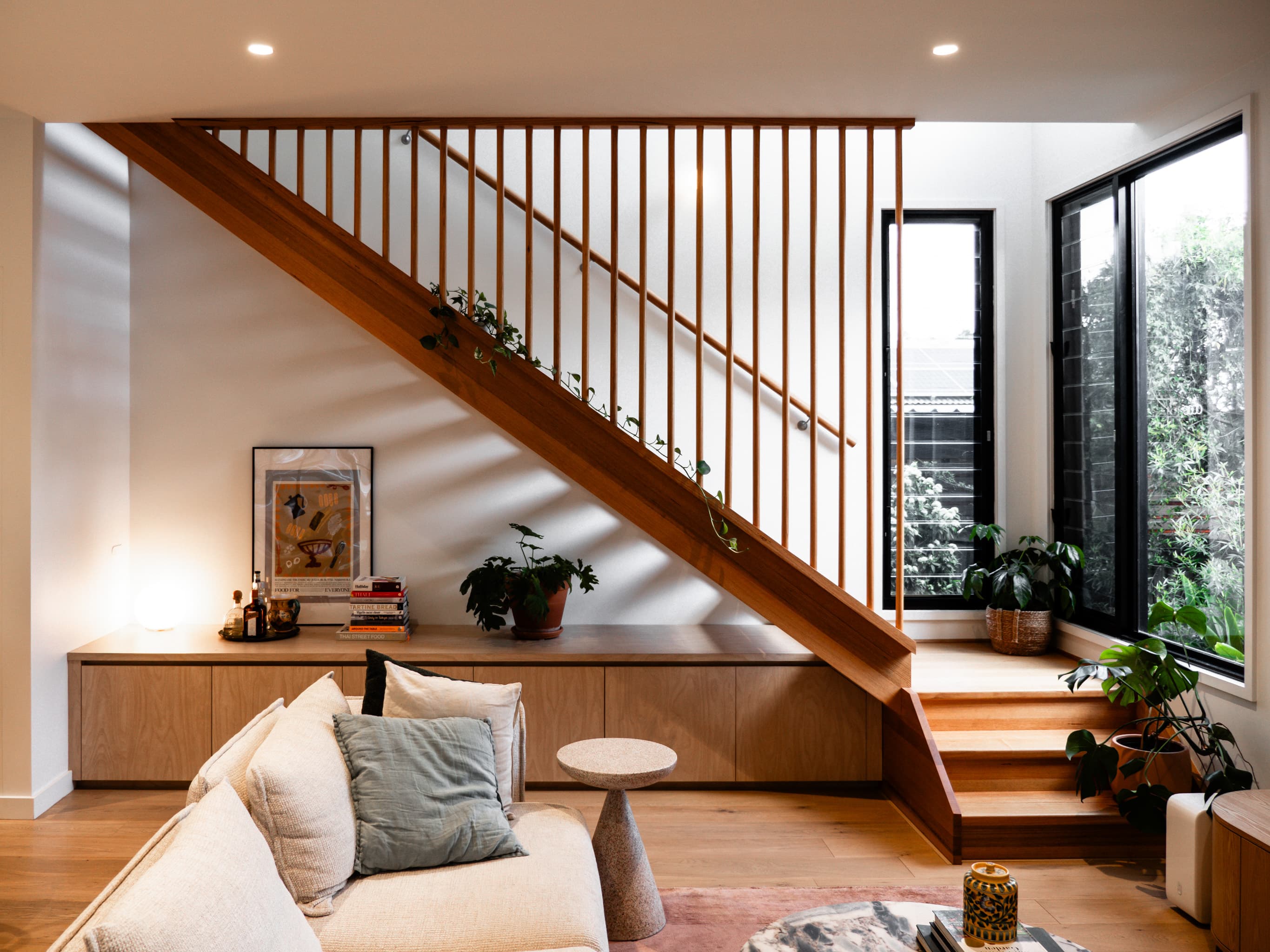 Jacaranda Highside timber stair and slatted balustrade above built-in joinery