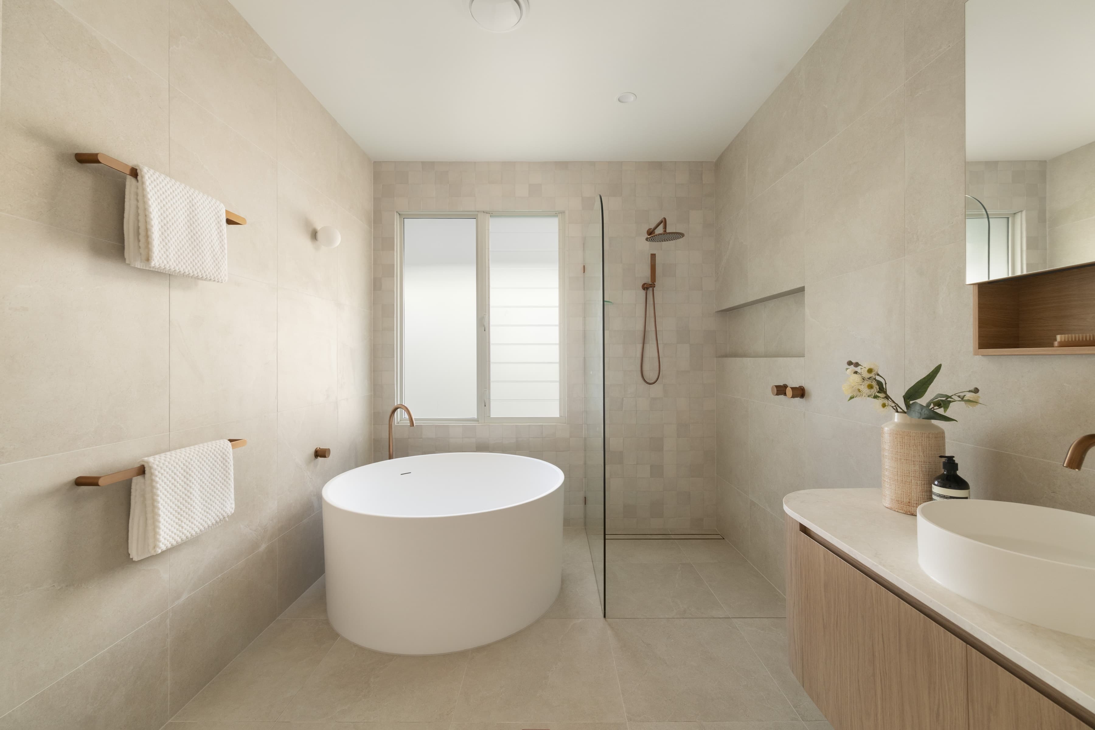 Mesa bathroom with a freestanding oval bath and walk-in shower
